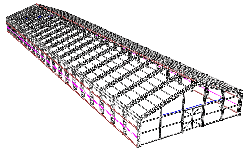 Plano lateral de almacén industrial de lona con estructura modular y cubierta para uso intensivo en Querétaro.