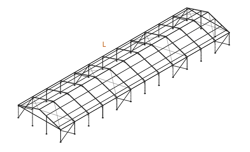 Plano lateral de carpa de aluminio para eventos y exposiciones, montaje e instalación en Celaya.