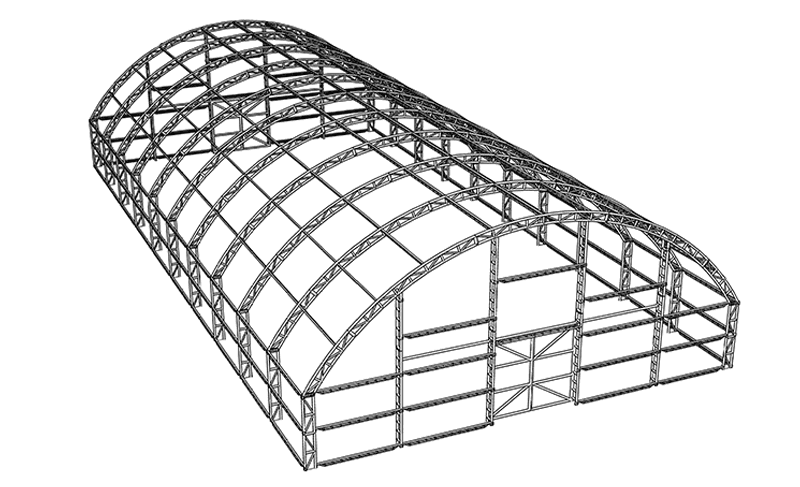Plano lateral de multialmacén de lona para alto volumen de almacenamiento industrial, cobertura México y Latinoamérica.
