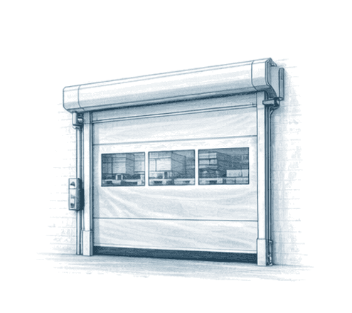 Ilustración de cortina de apertura rápida tipo puerta industrial para acceso de alto tráfico.