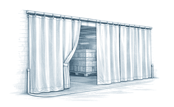 Ilustración de cortina de lona corrediza con argollas en riel superior.