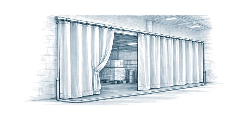 Ilustración de cortina industrial de lona para separación de áreas en un espacio interior.