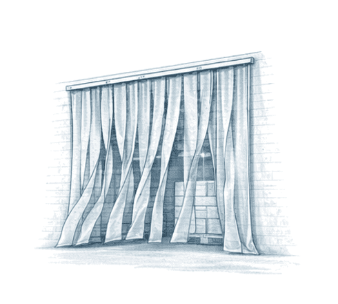 Ilustración de cortinas hawaianas de tiras para acceso con visibilidad.