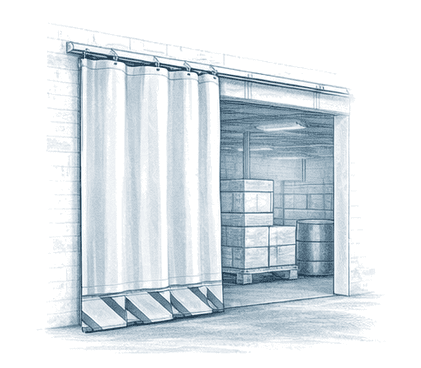 Ilustración de cortina de lona para túnel con cierre lateral y estructura tipo túnel.