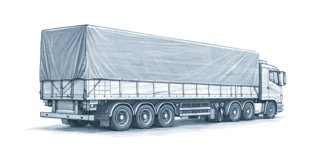 Ilustración de lona de camión con enlonado y sujeción para transporte.