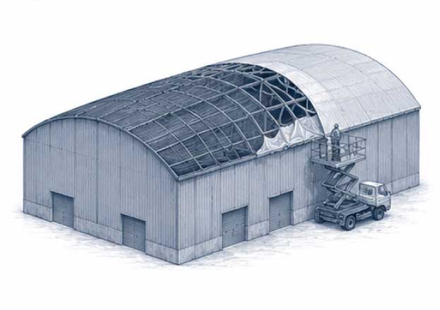 Ilustración de nave industrial con cambio de cubierta de lona en estructura metálica.