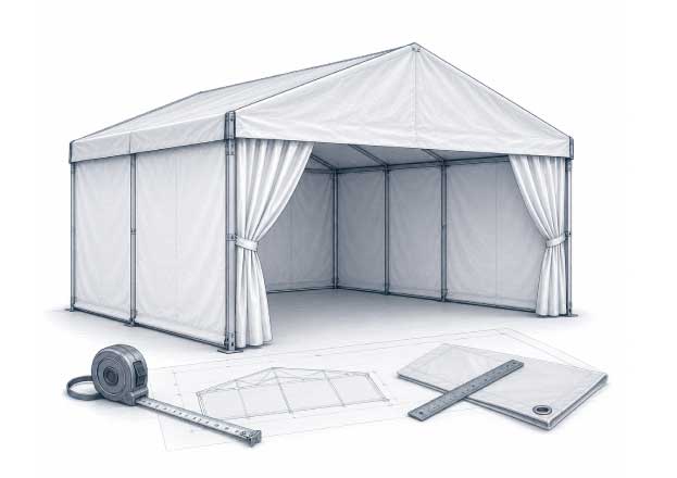 Ilustración técnica de carpa a medida con cinta métrica, plano y materiales de lona PVC.