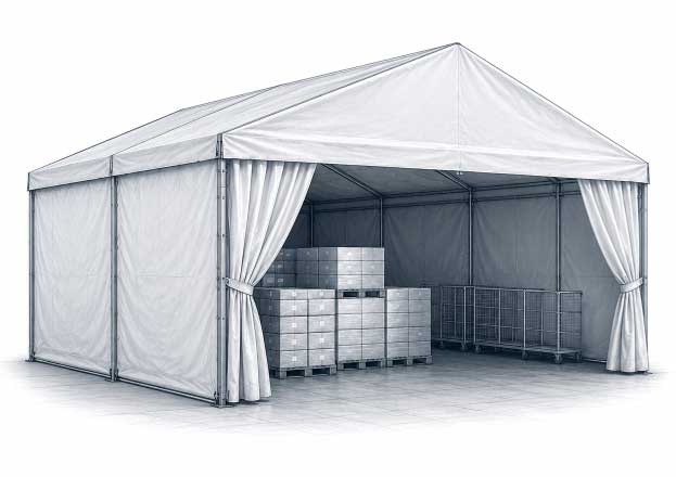 Ilustración técnica de carpa industrial con estructura metálica y lona PVC para almacén temporal.