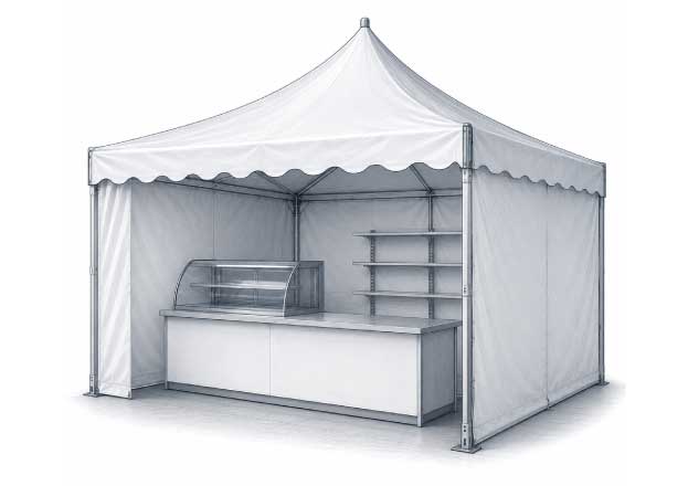 Ilustración técnica de carpa comercial con mostrador interior para punto de venta o negocio.