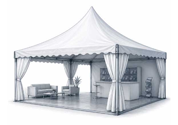 Ilustración técnica de carpa para eventos y exposiciones con cortinas abiertas y estructura metálica.