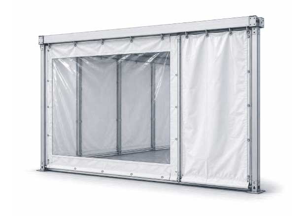 Ilustración técnica de paredes y cortinas para carpas con lona PVC y ventana de vinilo cristal.