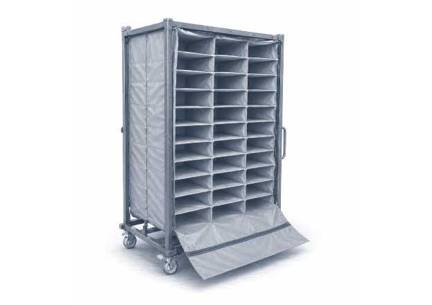 Ilustración técnica de rack dunnage automotriz con compartimentos de lona para protección de piezas.