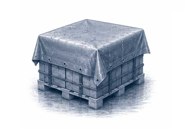 Ilustración de lona impermeable cubriendo carga exterior bajo lluvia para protección contra intemperie.