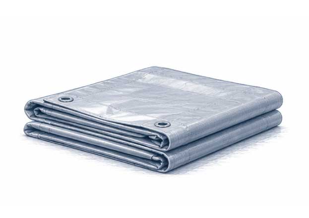 Ilustración de lona plana de PVC doblada con ojillos para uso industrial y protección exterior.
