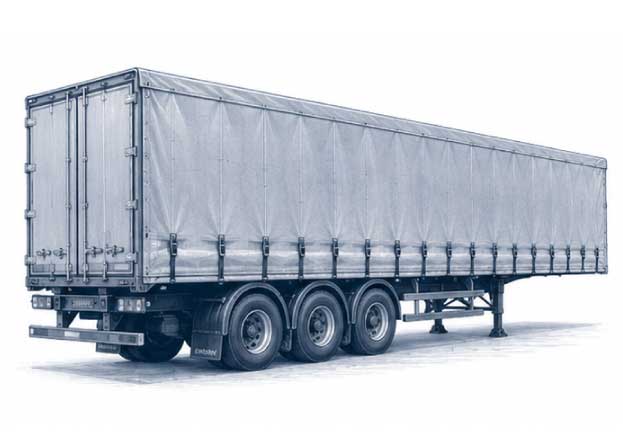Ilustración técnica de sider para tráiler con lona lateral industrial para transporte de carga.