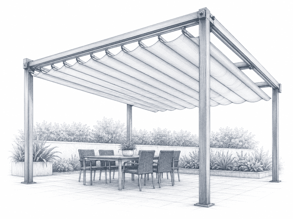 Palillería corrediza o plegable tipo pérgola con riel para terrazas en Querétaro | Versaflex Lonas