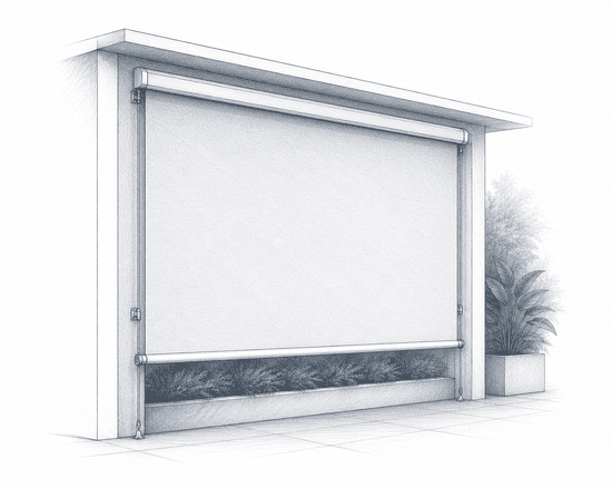 Toldo vertical guiado con rieles laterales para viento en Querétaro | Versaflex Lonas
