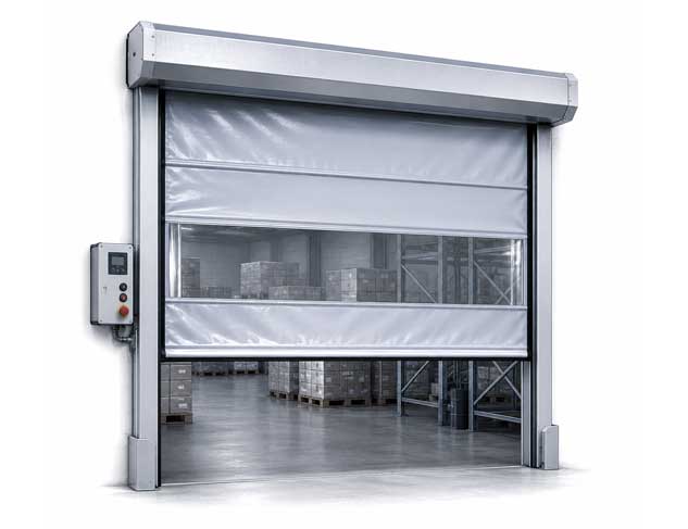Ilustración técnica de cortina de apertura rápida con lona PVC y ventana transparente para acceso industrial.