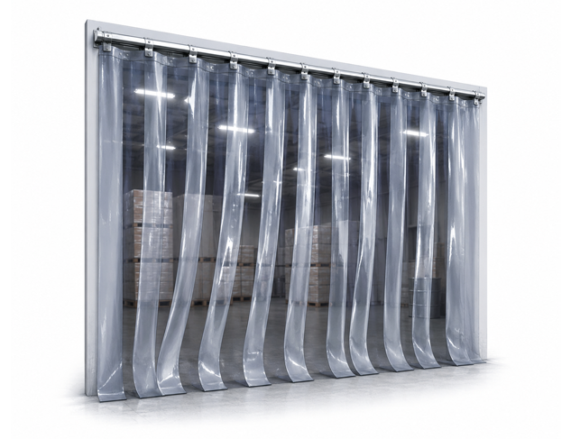 Ilustración técnica de cortinas hawaianas de PVC transparente para separación de áreas industriales.