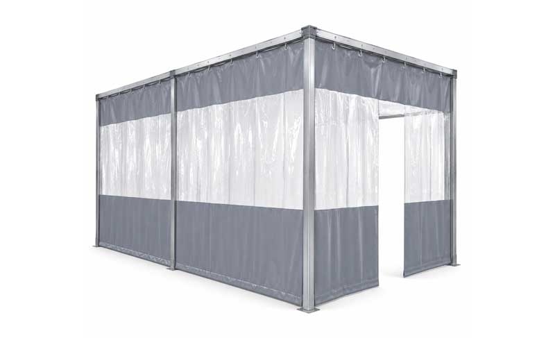 Ilustración técnica de módulo industrial con cortinas de PVC translúcido para separación de áreas de trabajo.