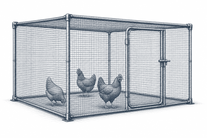 Ilustración técnica de malla gallinera Chicken Malla para corrales, aves, huertos y delimitación agrícola en Querétaro.