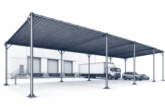 Ilustración técnica de malla monofilamento HDPE para techados industriales, estacionamientos y protección solar en Querétaro y Celaya.