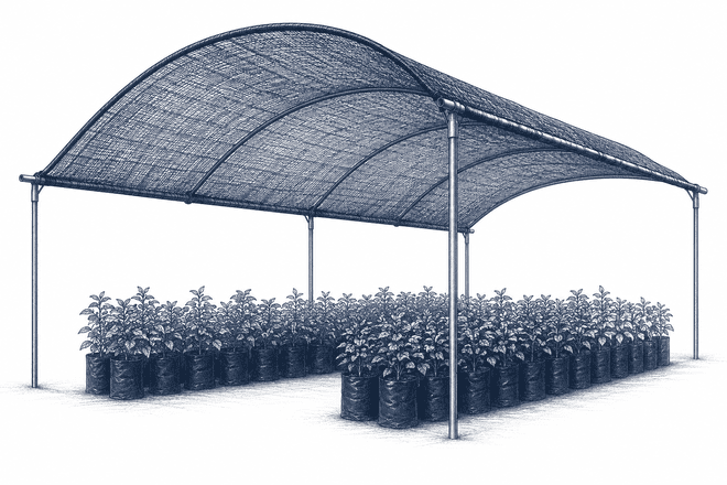 Ilustración técnica de malla sombra Raschel para viveros, cultivos y control solar agrícola en Querétaro.