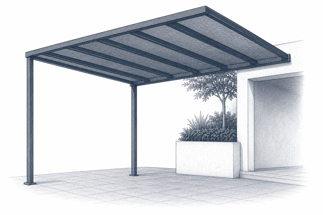 Ilustración técnica de malla sombra confeccionada a medida para techados de patios, terrazas y estructuras exteriores en Querétaro.
