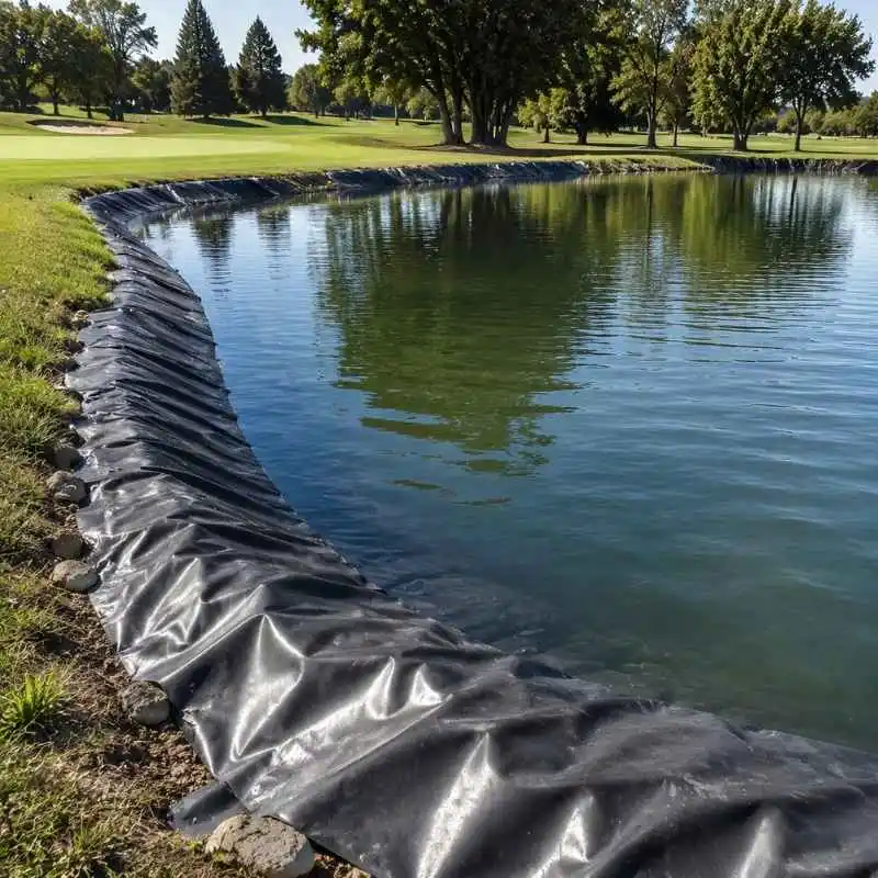 Lago artificial impermeabilizado con geomembrana de alta resistencia para almacenamiento de líquidos.
