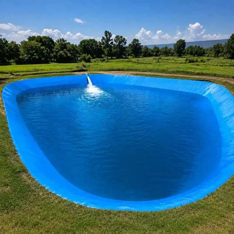 Estanque agrícola revestido con geomembrana azul para almacenamiento seguro de agua.