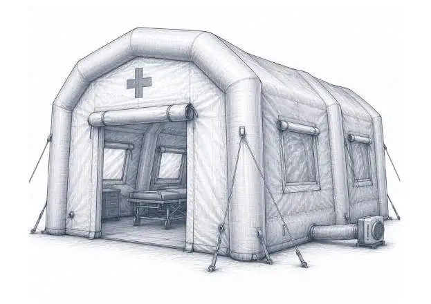 Ilustración técnica de hospital inflable modular para atención médica temporal y respuesta a emergencias.