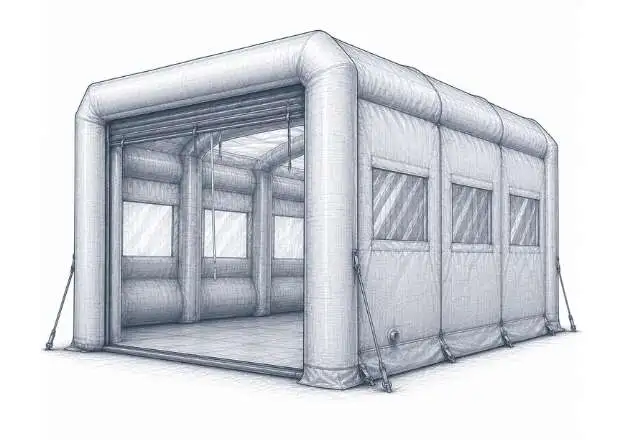 Ilustración técnica de cabina inflable industrial para encapsulado, mantenimiento y aplicaciones técnicas.