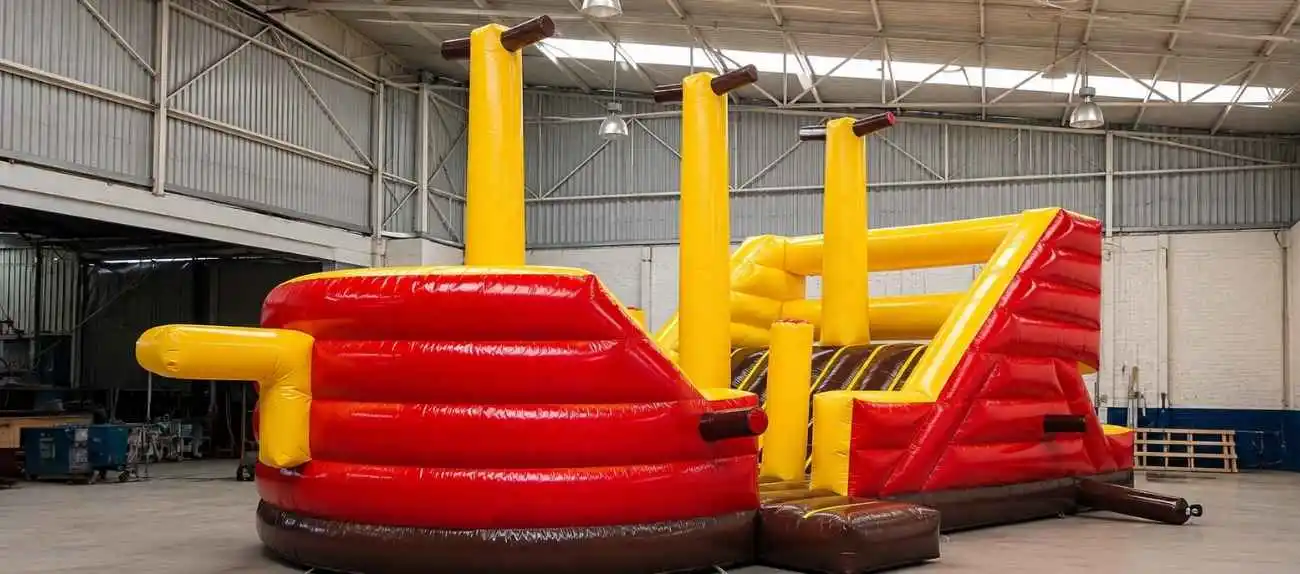 Juego inflable tipo barco pirata fabricado para eventos y entretenimiento.
