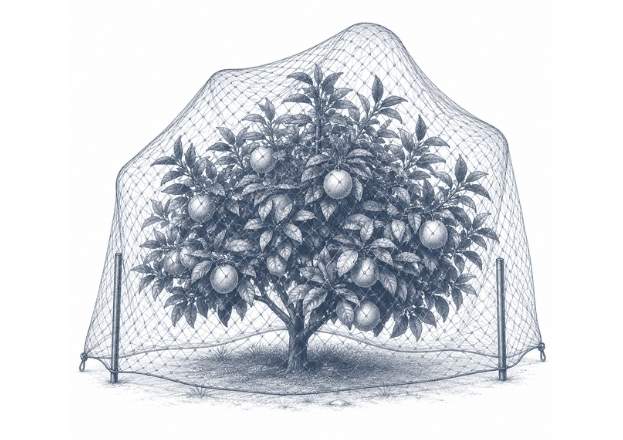 Ilustración técnica de malla antipájaro para proteger árbol frutal y cultivos contra aves en proyectos agrícolas.