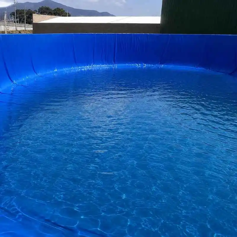 Estanque agrícola revestido con geomembrana azul para almacenamiento seguro de agua.